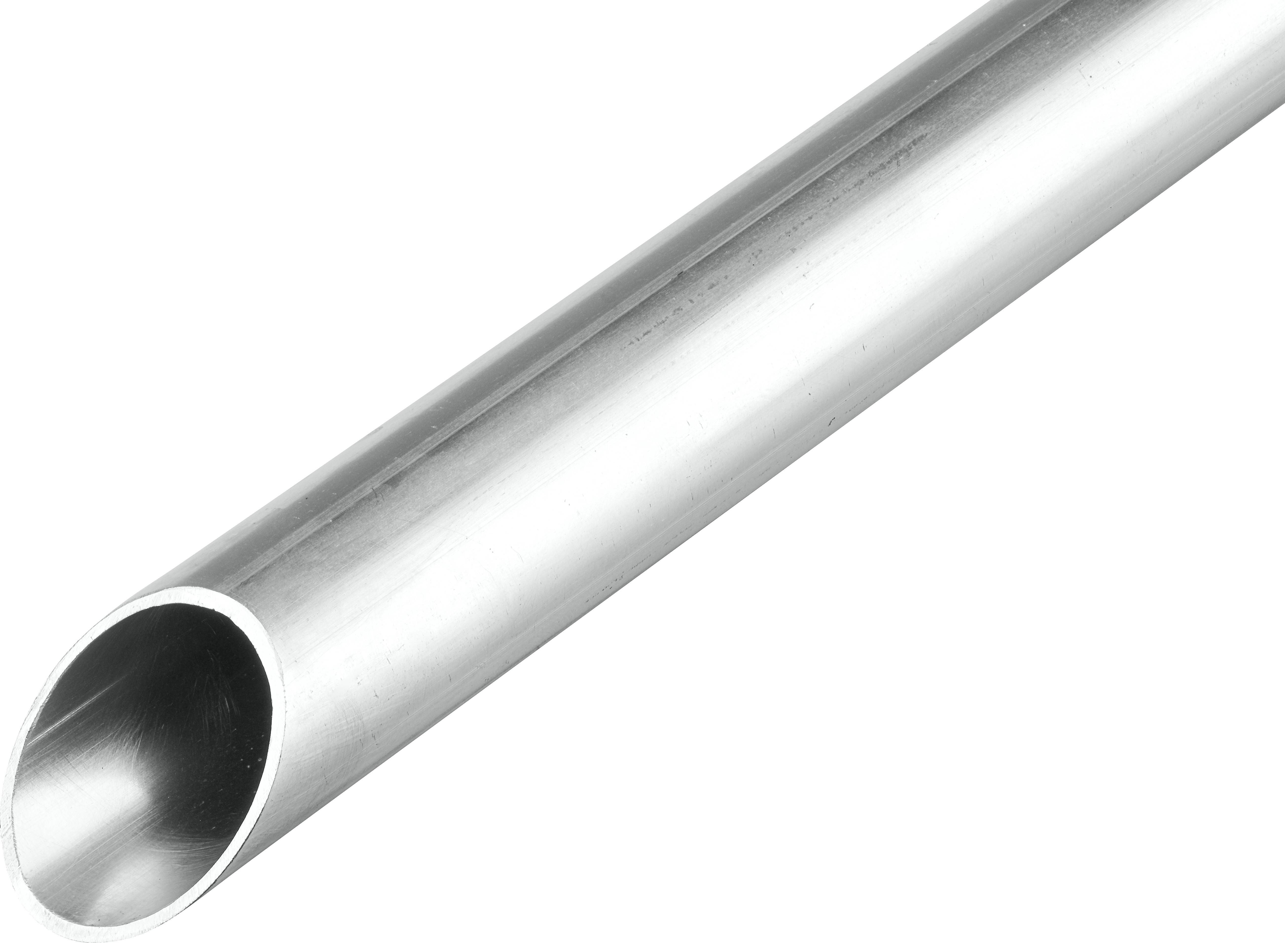 Un tube métallique creux cylindrique en perspective oblique. Il est fabriqué dans un matériau brillant et ne montre aucun environnement ou fonction supplémentaire.