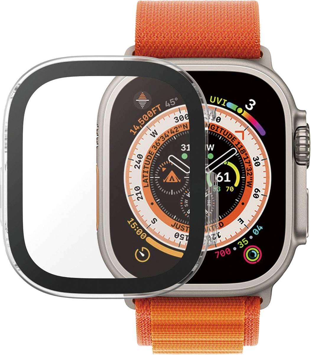 Une montre connectée avec un bracelet orange et un cadran complexe affichant des informations telles que l'altitude, la position GPS et l'indice UV.