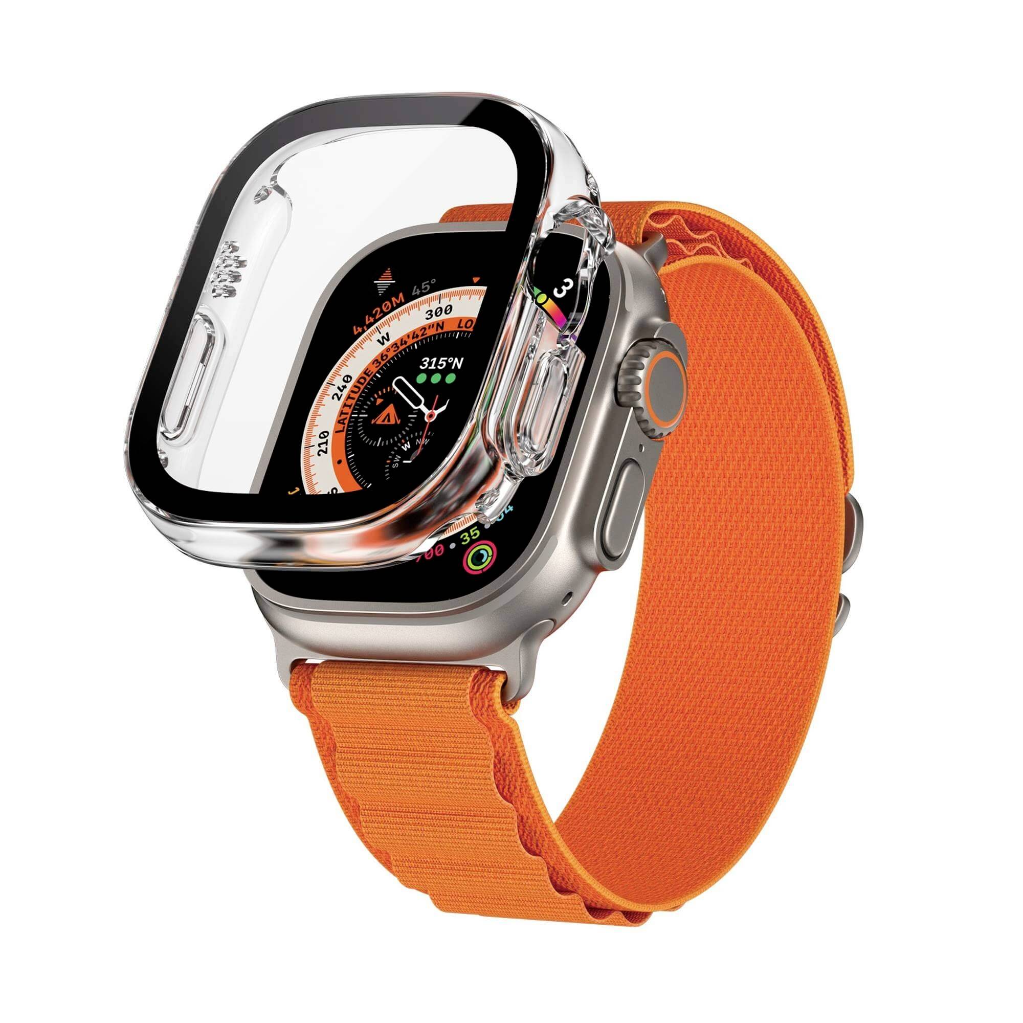 Montre connectée avec bracelet orange et boîtier transparent. L'écran affiche l'heure et différentes fonctions de fitness.