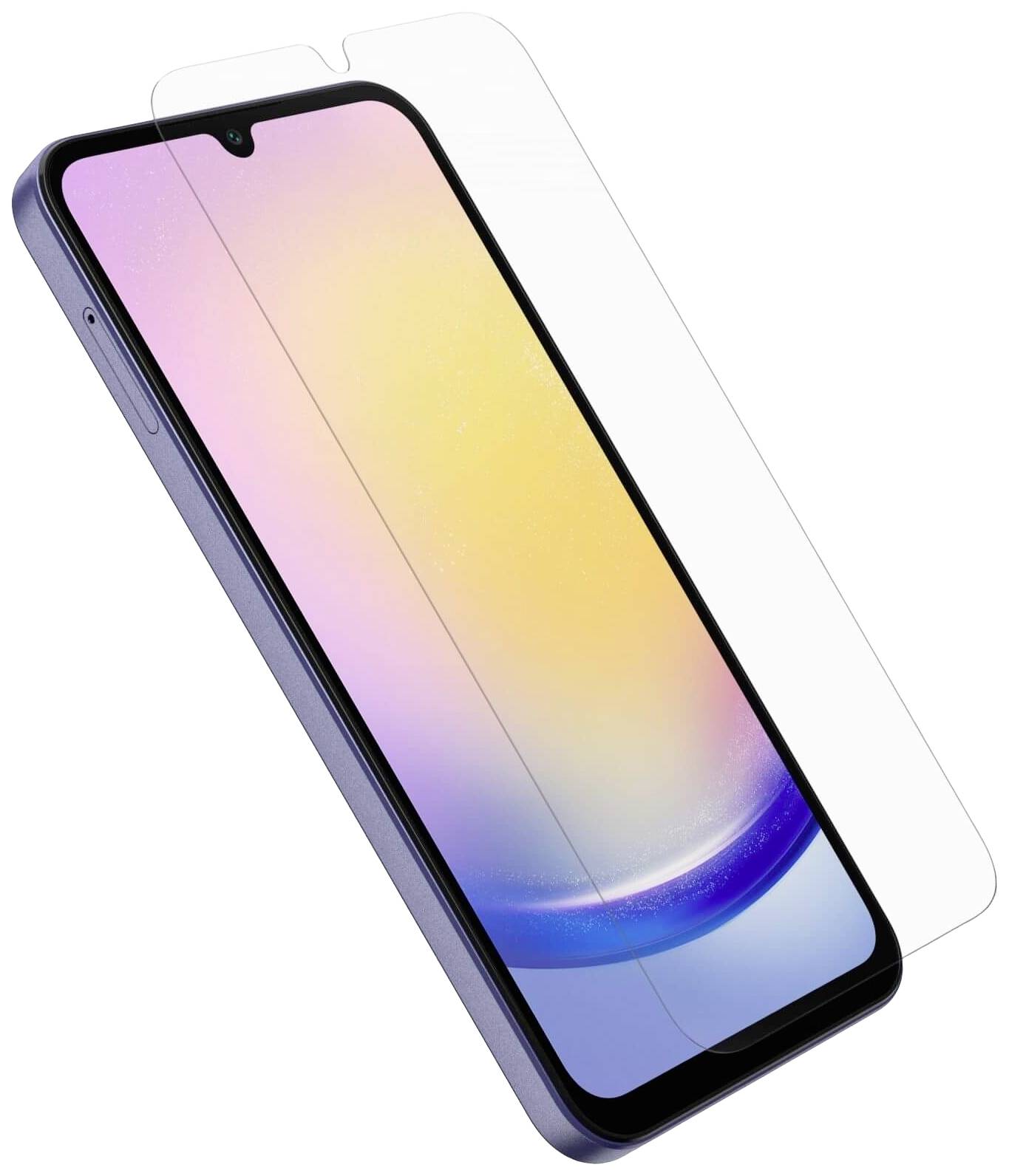 Smartphone avec écran et verre de protection. L'écran affiche un dégradé coloré allant du jaune au bleu.