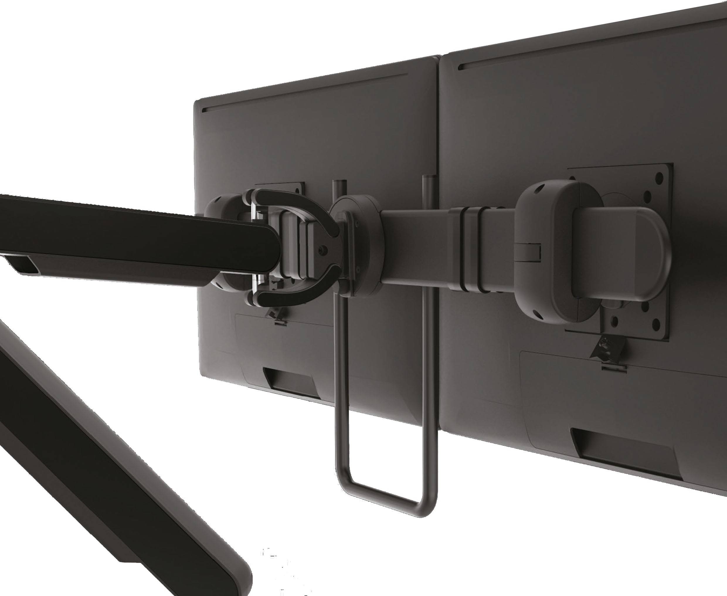 Support de moniteur double avec deux écrans fixés sur un bras ajustable, vue arrière montrant les moniteurs et leurs éléments de fixation.