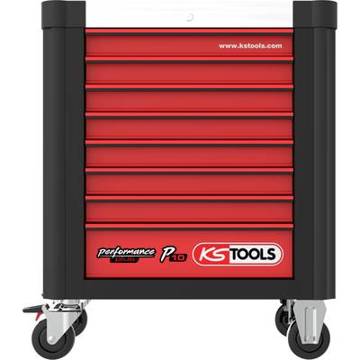 Chariot à outils noir et rouge à sept tiroirs sur roulettes, marque 'KS Tools', modèle 'Performance Plus P10'.