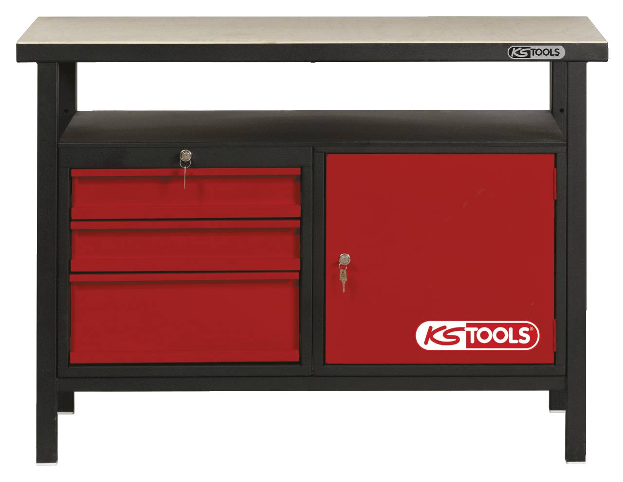 Établi noir avec deux tiroirs rouges et une porte rouge. Le logo 'KS TOOLS' est situé en haut à droite.