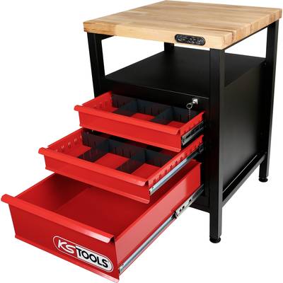 Armoire à outils en métal avec plateau en bois, trois tiroirs ouverts rouges portant le logo 'KS Tools'. Idéal pour l'organisation d'un atelier.