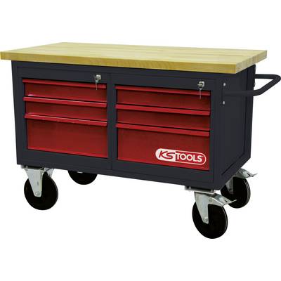Chariot d'atelier rouge avec plusieurs tiroirs et plateau en bois, monté sur quatre roulettes et doté de deux poignées, avec le logo "KS Tools" bien visible.