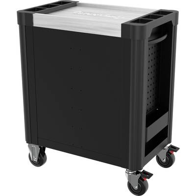 Un chariot noir à quatre roues et poignées, adapté au stockage et au transport d'objets.