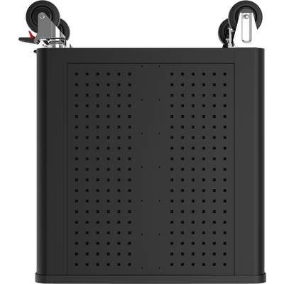 Un conteneur rectangulaire noir avec de petits trous, deux rouleaux sur le dessus.