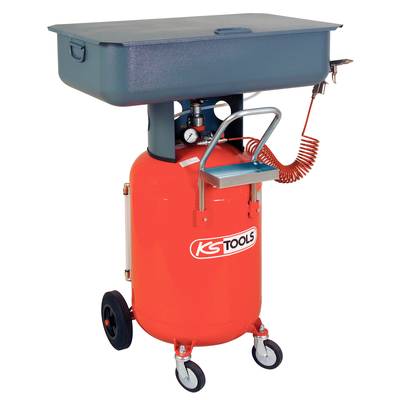 Établi mobile de lavage de pièces avec cylindre rouge et logo KS Tools, équipé de roulettes, d'un bassin d'eau en haut et d'un manomètre.
