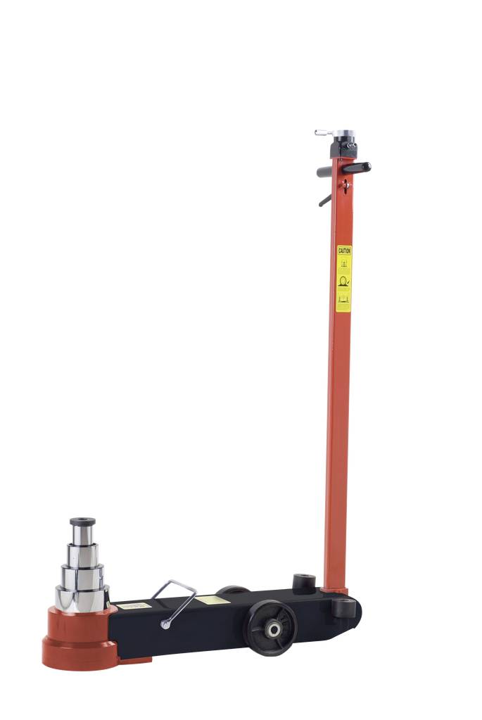 Un cric hydraulique avec dispositif de levage rouge et base noire, monté sur de petites roues, adapté pour soulever des véhicules lourds.