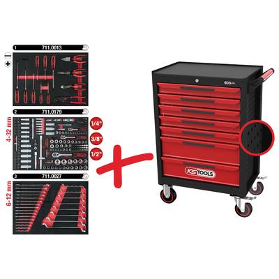 Chariot à outils à tiroirs multiples, rempli de différents jeux d'outils tels que des tournevis, des clés à douille et des pinces.