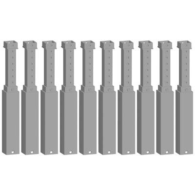 Dix blocs métalliques gris rectangulaires, debout côte à côte. Chaque bloc présente une rangée de trous à sa partie supérieure.