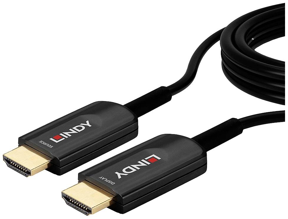 Deux câbles HDMI noirs avec des fiches dorées, tous deux portant le logo 'Lindy' imprimé.