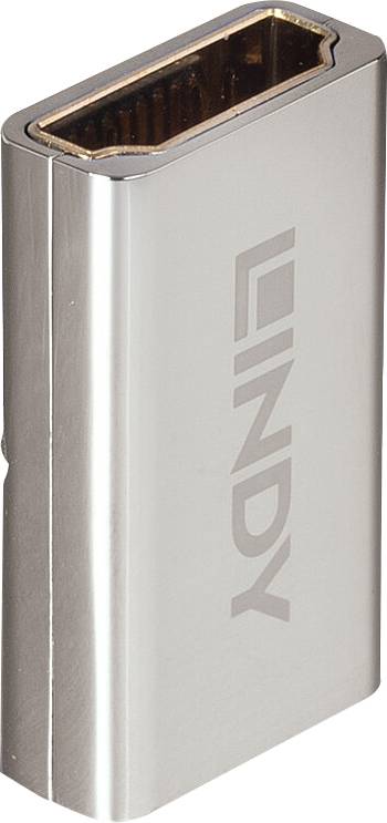 Un adaptateur HDMI argenté portant l'inscription 'LINDY' sur le côté.