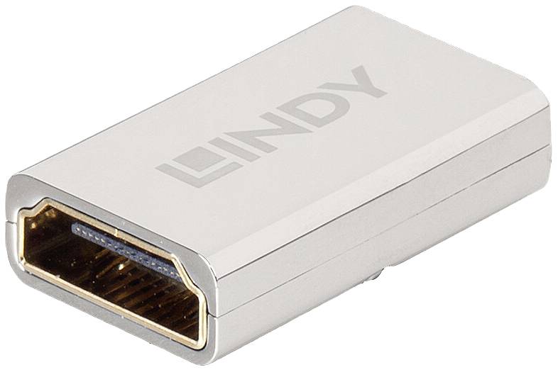 Un adaptateur HDMI argenté portant l'inscription 'Lindy', montrant le connecteur et les contacts dorés sur sa face avant.