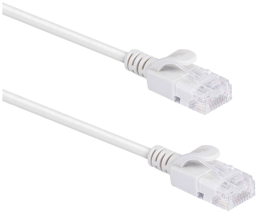 Deux câbles Ethernet blancs avec des connecteurs RJ45, utilisés pour la transmission de données dans les réseaux.