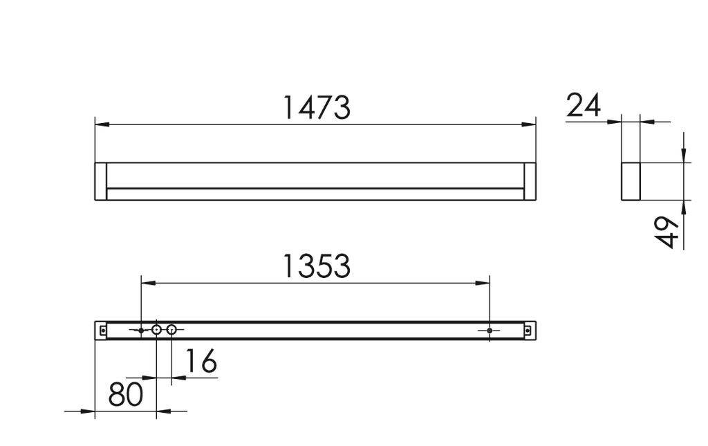 Dessin technique d'un objet rectangulaire avec les dimensions suivantes : longueur 1473 mm, largeur 24 mm, hauteur 49 mm, comprenant des détails latéraux.