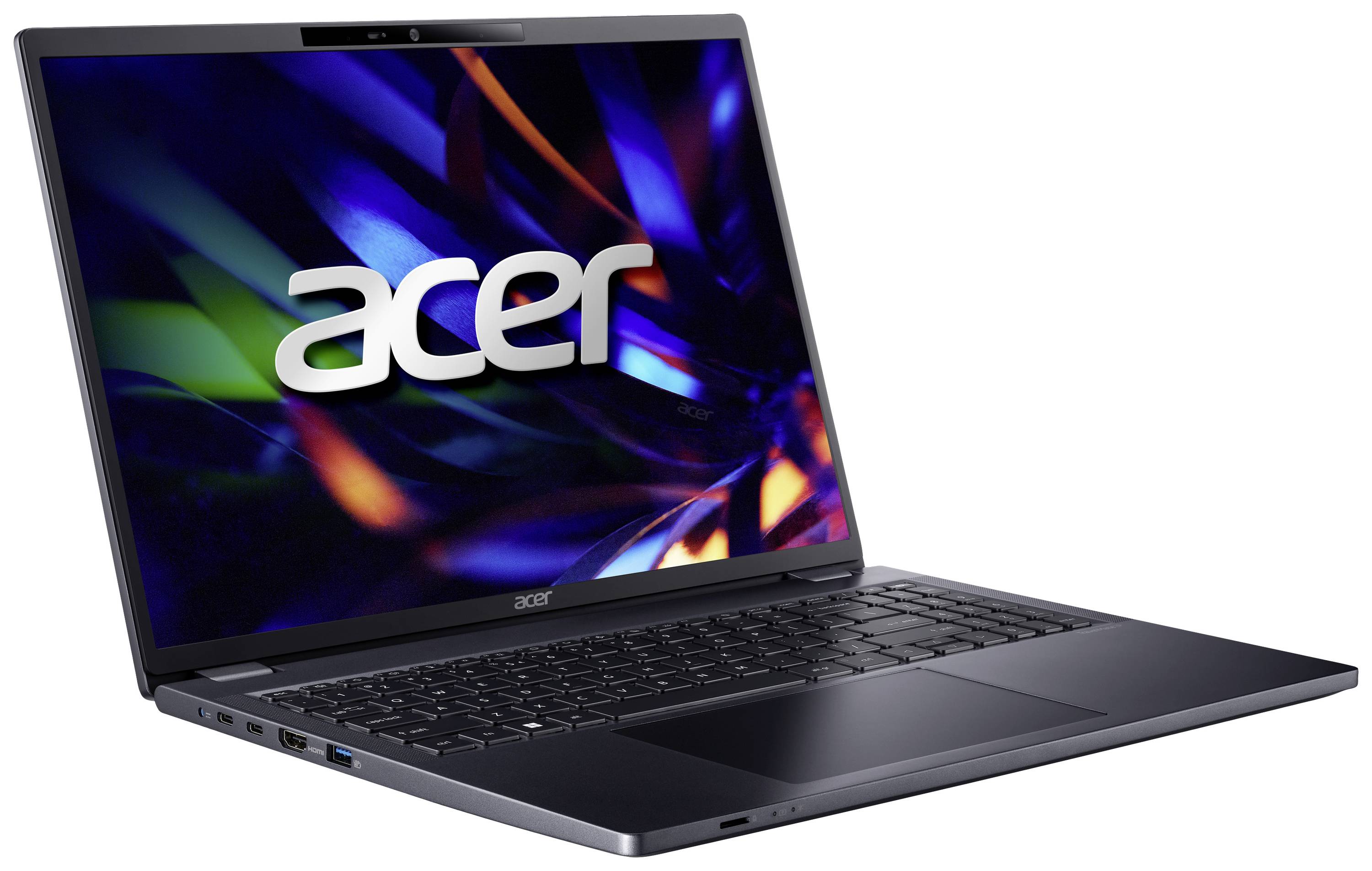 Un ordinateur portable Acer avec un écran ouvert affiche l'écran de démarrage avec le logo Acer. L'appareil se trouve dans une pièce sombre.