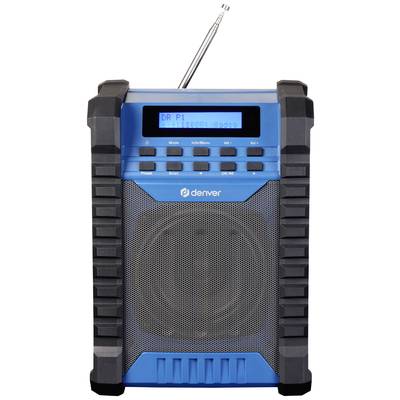 Radio portable bleu avec des touches pour le volume, le menu et une antenne télescopique. L'écran affiche 'DR P1 Titre : Radio'.