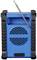 Enceinte portable bleue avec antenne télescopique et caisson de basses, adaptée à la diffusion audio en extérieur.