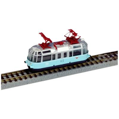 Petit modèle d'un tramway sur rails. Le tramway est bleu et possède des pantographes rouges.