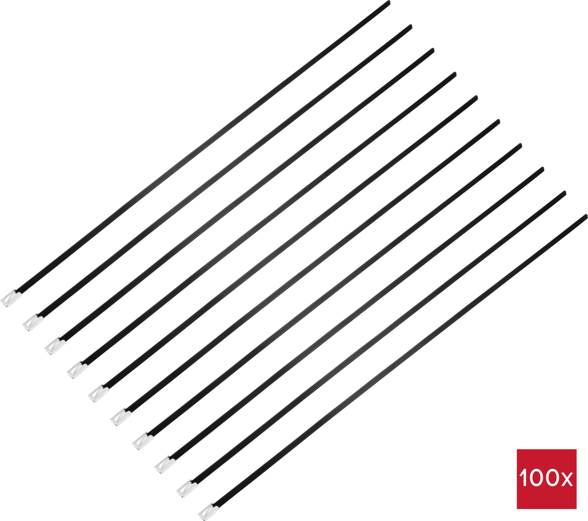 Dix attaches-câbles noires alignées, lot de 100 pièces.