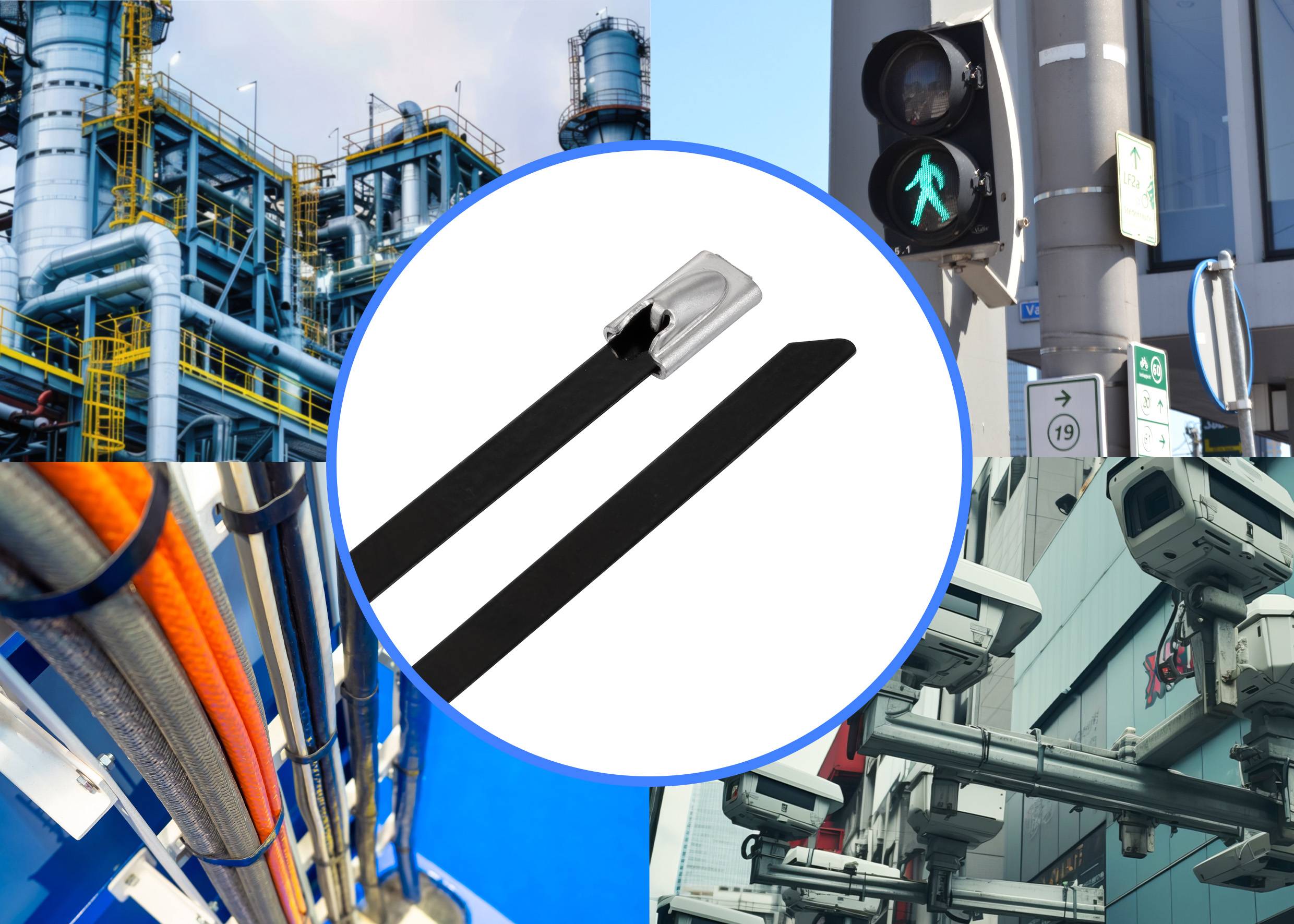 Attaches-câbles dans un environnement industriel et urbain : bâtiment d'usine, feu de signalisation, tubes et caméras de surveillance.