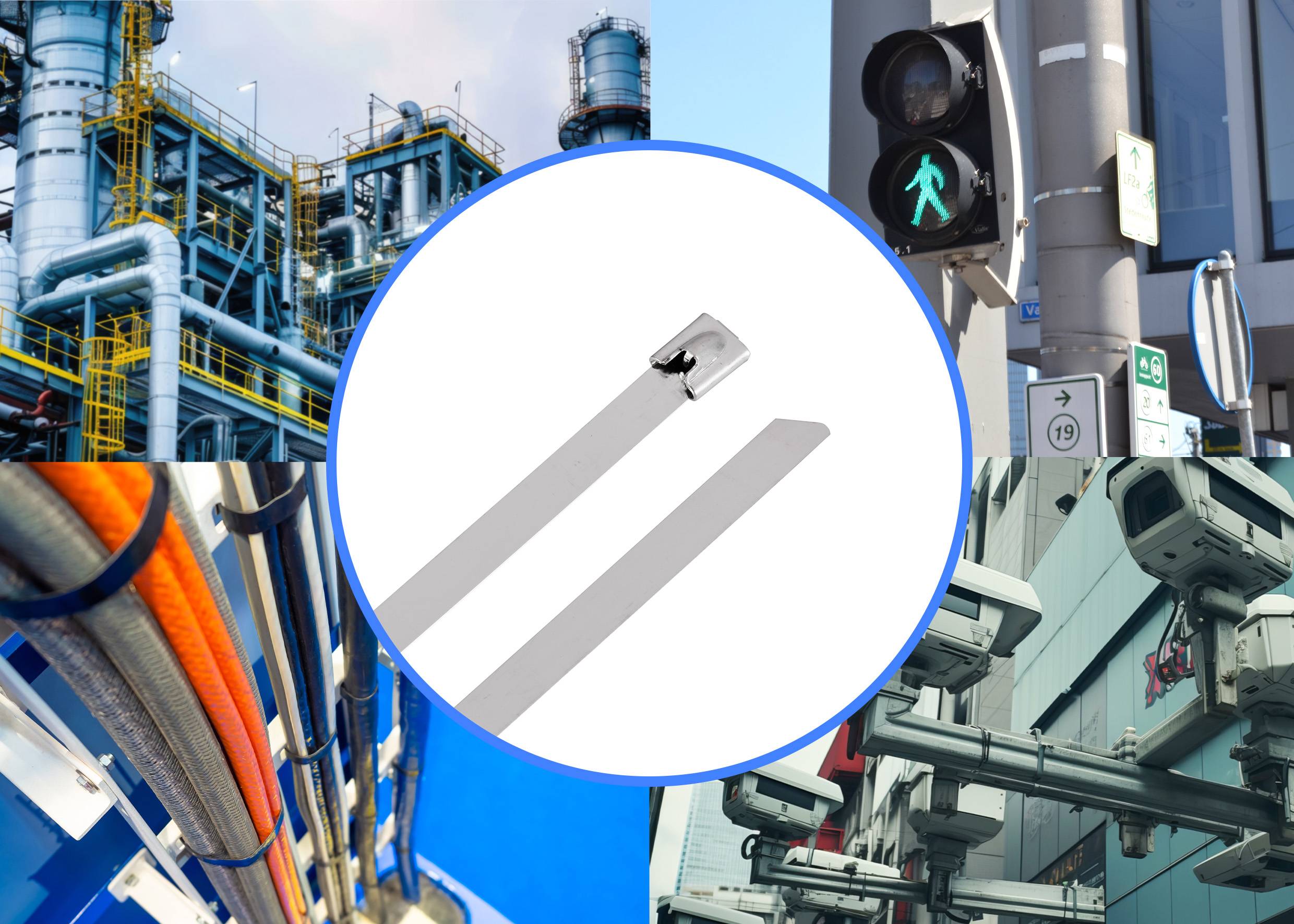 'Industrie et infrastructure' : Un collier métallique raffiné au premier plan, entouré de scènes industrielles avec des tuyaux, des caméras de surveillance et un feu de signalisation au signal vert.