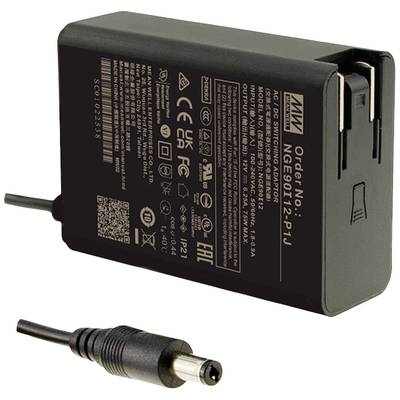 Bloc d'alimentation noir avec fiche amovible, spécifications techniques et câble de connexion. Adapté aux appareils électroniques.