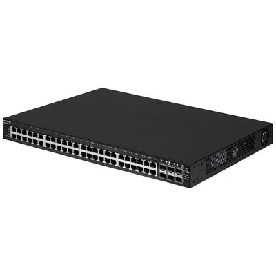 Un commutateur réseau noir avec 48 ports Ethernet et 4 ports SFP. Adapté pour une utilisation dans de grandes infrastructures informatiques.