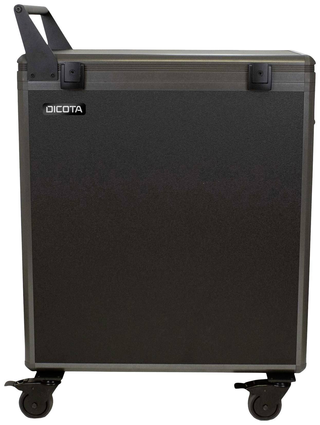 Valise noire, mobile, avec poignée et roulettes, nom de marque 'Dicota' visible.