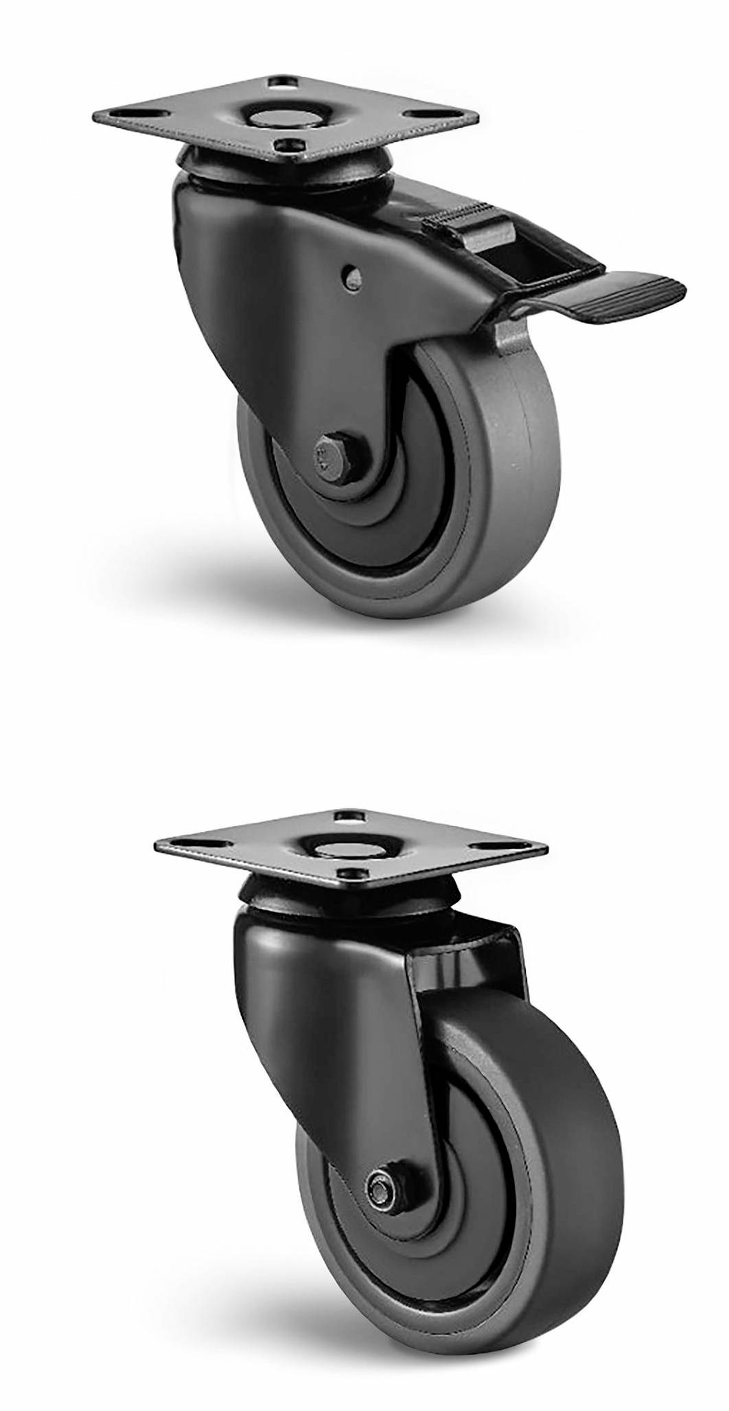 Deux roulettes pivotantes noires : roulette supérieure avec frein, inférieure sans frein. Les deux possèdent des plaques de montage rectangulaires, adaptées aux meubles ou aux chariots de transport.