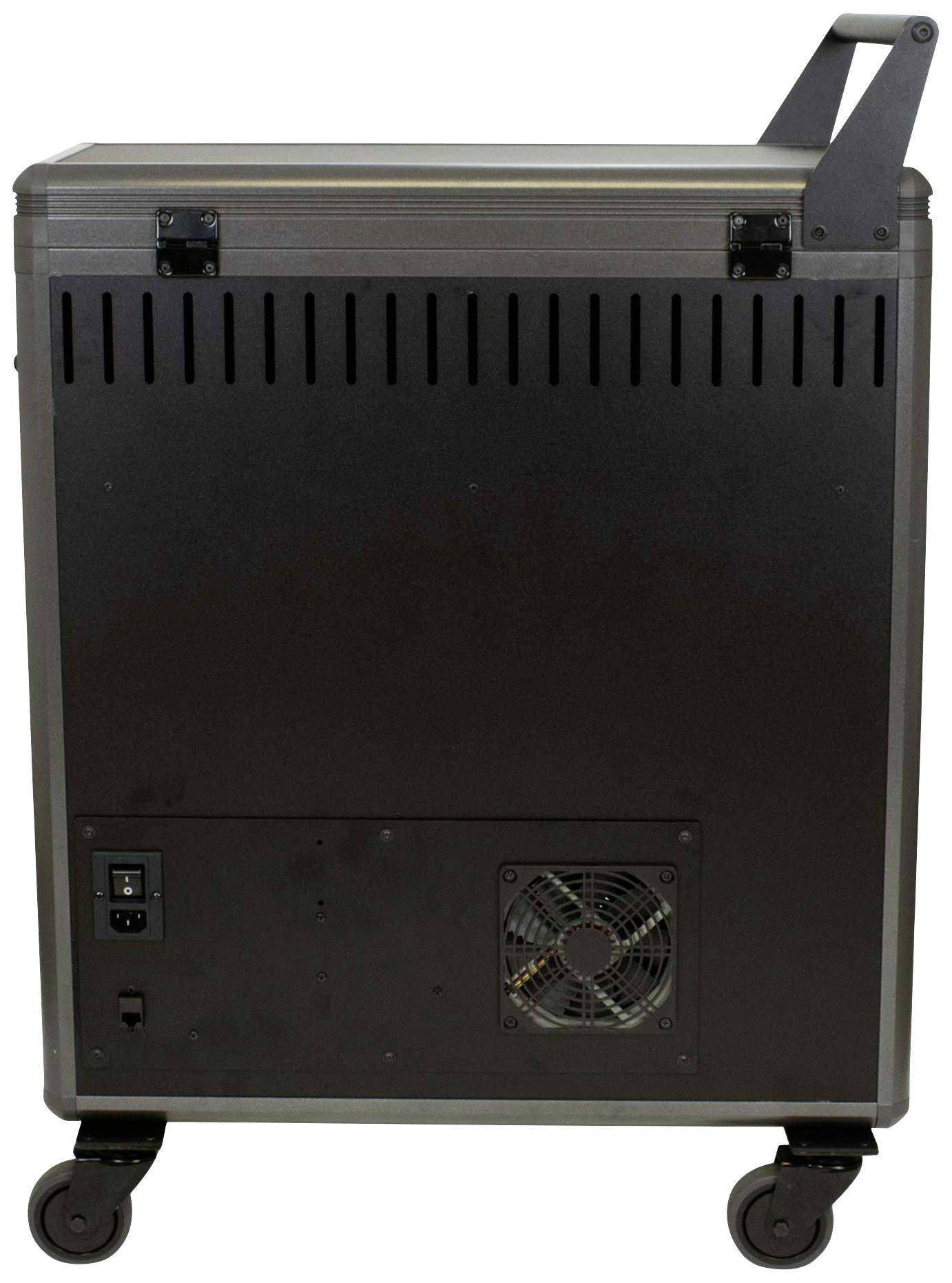 Un chariot noir rectangulaire avec ventilateur, poignée en haut et deux roues. Principalement conçu pour le rangement mobile.