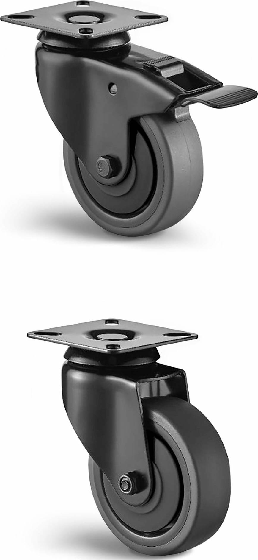 Deux roues noires, l'une avec frein de blocage, l'autre sans, ayant toutes deux une surface de roulement en caoutchouc gris et une plaque de montage rectangulaire en haut.