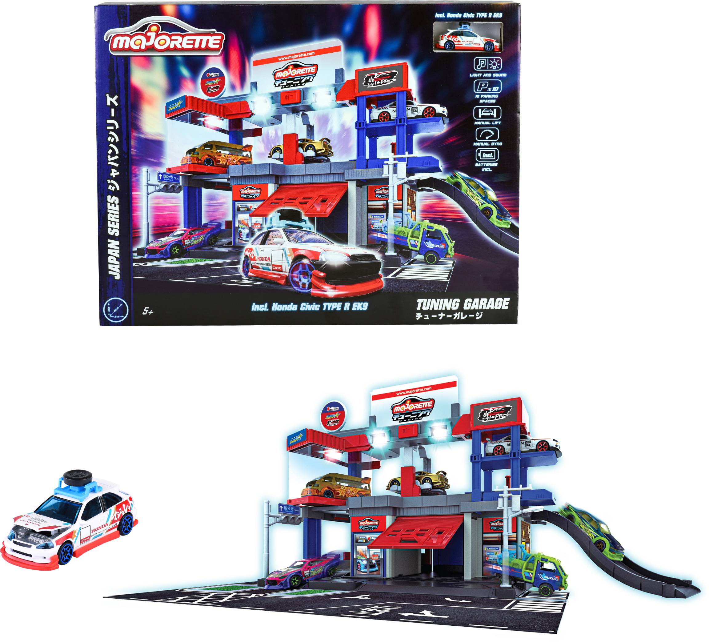 Ensemble de garage de jouets avec plusieurs voitures miniatures colorées et des rampes. Comprend un modèle de garage de tuning japonais.