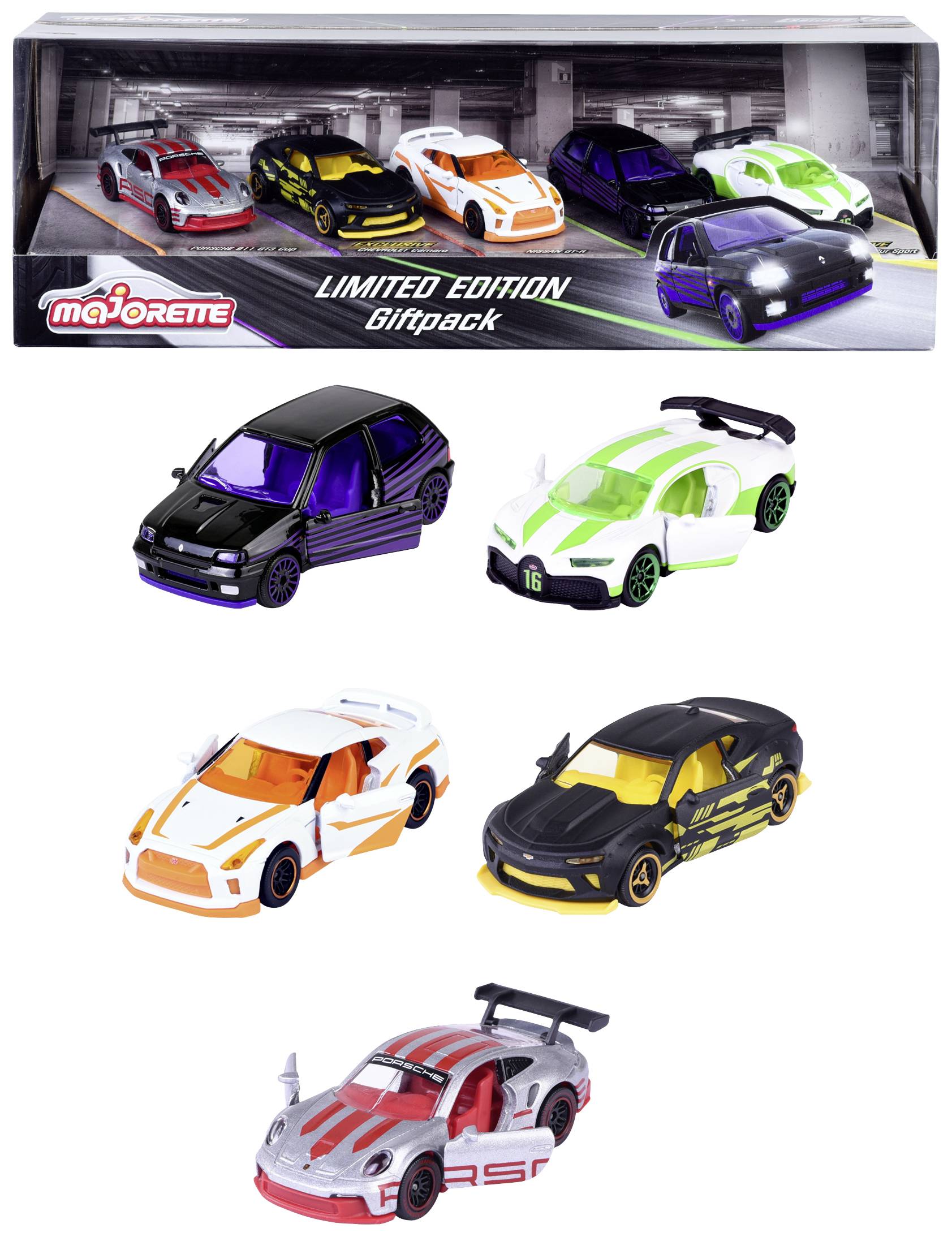 Cinq voitures miniatures colorées dans un coffret cadeau édition limitée de 'Majorette'. Différents modèles et designs, incluant des véhicules sportifs.