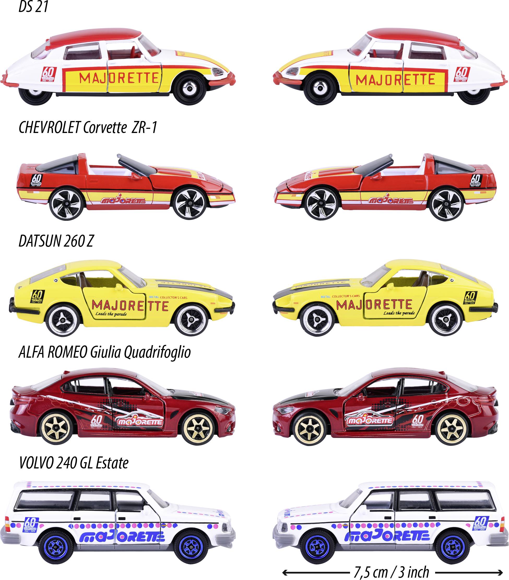Voitures miniatures 'Majorette' : DS 21, CHEVROLET Corvette ZR-1, DATSUN 260Z, ALFA ROMEO Giulia Quadrifoglio, VOLVO 240 GL Break. Longueur : 7,5 cm.