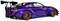 Une voiture de sport violette avec un aileron arrière voyant et des jantes orange est garée en biais par rapport à la caméra.