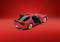 Voiture de sport rouge avec portes ouvertes sur un fond rouge. Des jantes dorées et un aileron se détachent sur la carrosserie brillante.