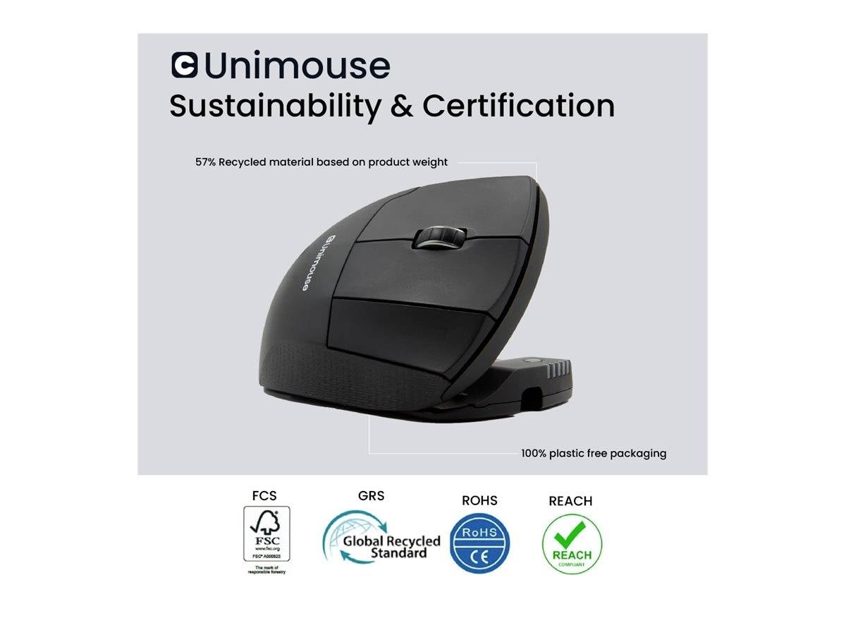 Souris ergonomique au design durable, fabriquée à 57 % de matériaux recyclés, emballage sans plastique. Certifications : FSC, GRS, RoHS, REACH.