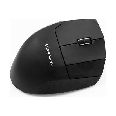 Souris d'ordinateur ergonomique noire à deux boutons et molette de défilement, marquée 'Gunimouse'. Conçue pour une prise en main verticale.