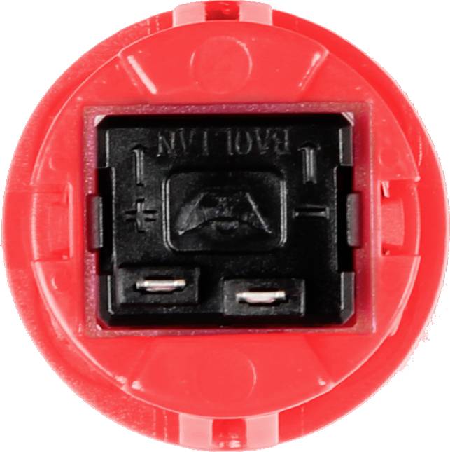 Un bouton électrique rouge ovale avec un interrupteur noir au centre. En haut se trouvent un signe plus et un signe moins.