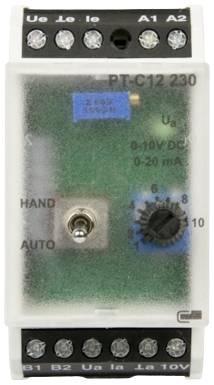 Un appareil électrique avec un interrupteur, un régulateur numérique et plusieurs connexions, étiqueté 'PT-C12 230'.