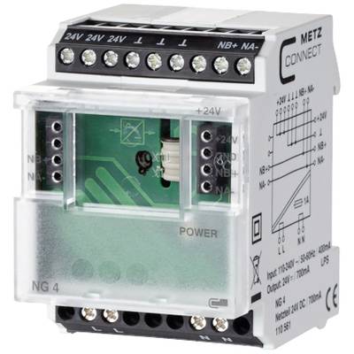 Un module électrique avec plusieurs bornes et étiquettes sur la face avant. Il comporte des LED et est conçu pour des connexions électriques.