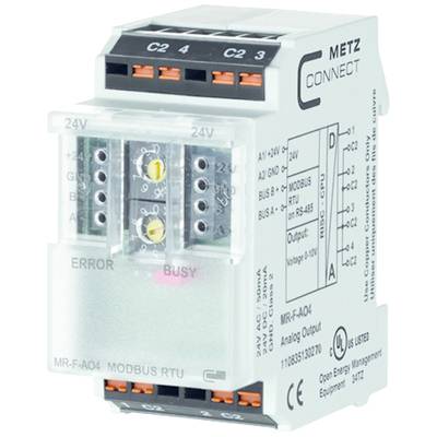 Appareil 'MR-F-AO4 MODBUS RTU' de METZ CONNECT avec connexions multicanales et affichages numériques pour l'état du bus et les conditions d'erreur.
