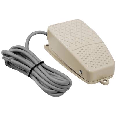Pédale de commande beige avec pédalier texturé et câble gris. Souvent utilisée dans les équipements électroniques ou les machines pour contrôler des dispositifs.