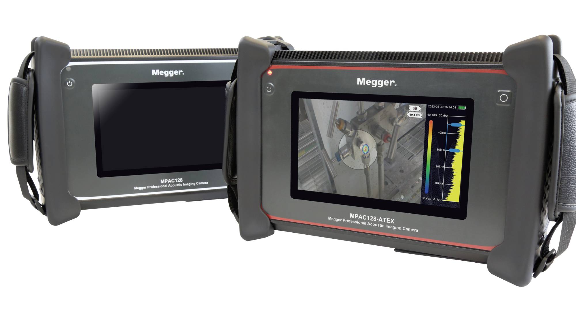 Deux caméras d'inspection portables de Megger, modèle MPI AC/D ATEX, dont l'une affiche une image d'inspection sur son écran.