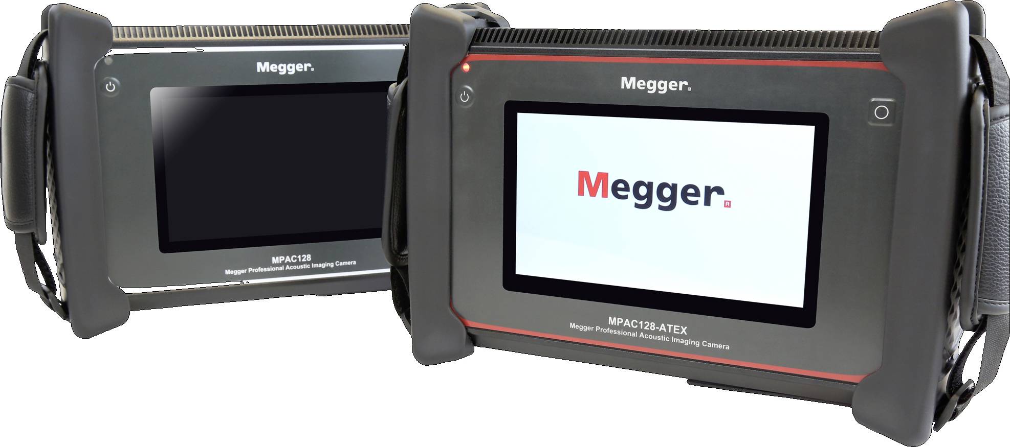 Deux caméras thermiques Megger côte à côte. Les deux écrans affichent le logo Megger. Les appareils sont noirs avec des accents gris.