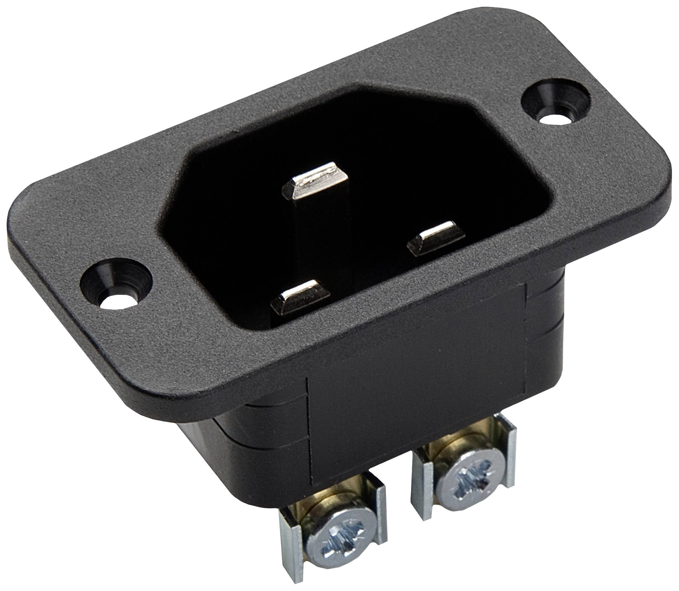 Prise de courant IEC noire de forme rectangulaire avec bornes métalliques, montrant deux vis de fixation.