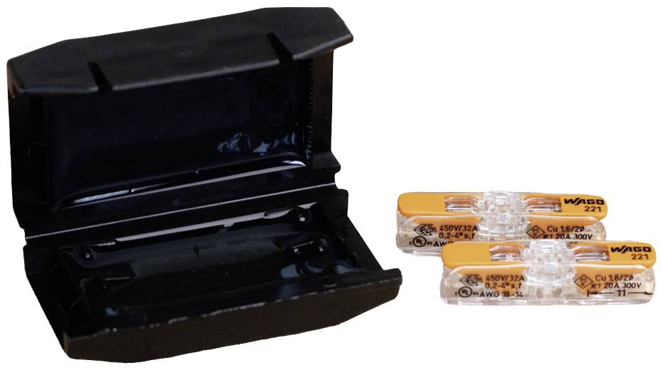 Une boîte noire ouverte à côté de deux bornes de connexion transparentes gris-orangées.