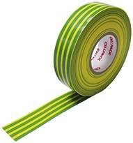 Rouleau de ruban isolant jaune-vert, typiquement utilisé pour les installations électriques.